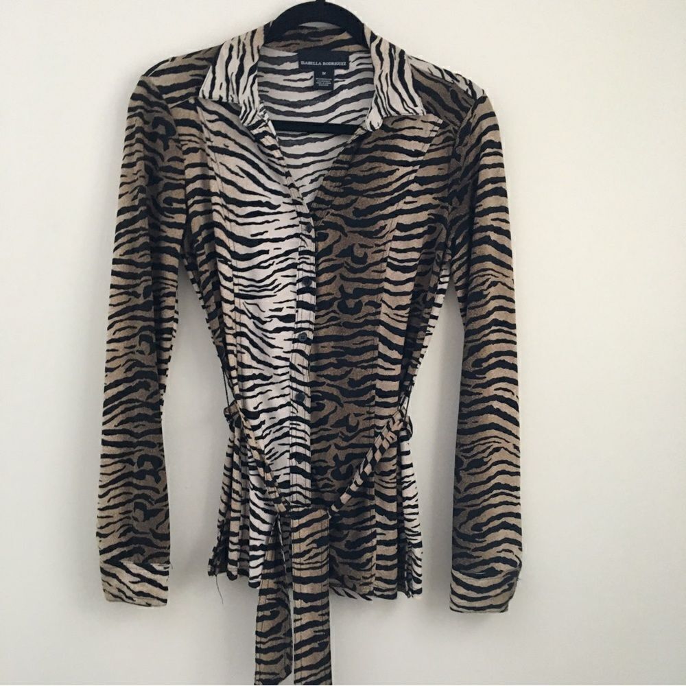 Isabella Rodriguez Animal Print Button Down Belted Top | Size Medium